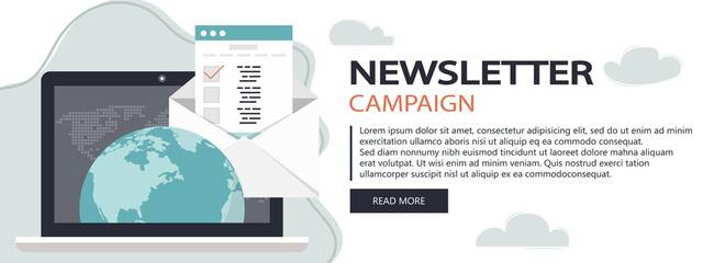 Obraz premium Flat design concept of regularly distributed news publication via e-mail with some topics of interest to its subscribers. Flat vector illustration. Newsletter concept. Website banner
