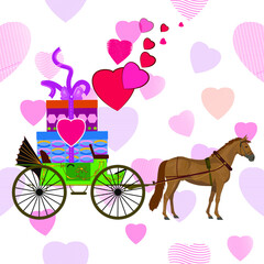Pferd mit Wagen, Kutsche, Herzen, Geschenke, Vektorgrafik