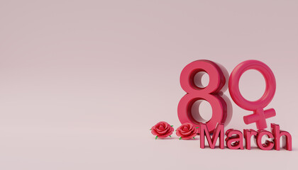 3d illustration of international women's day with the number eight of March, the women's coat of arms and the rose.