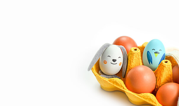 pack of eggs with a bunny rabbit egg and a blue bird egg on white background with copy space for Easter