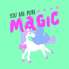 YOU ARE PURE MAGIC LETTERING, VECTOR ILLUSTRATION OF A HORSE WITH WINGS, SLOGAN PRINT