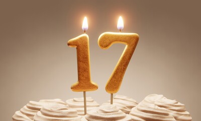 17th birthday or anniversary celebration. Lit golden number candles on cake with icing in neutral tones. 3D rendering