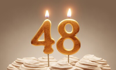48th birthday or anniversary celebration. Lit golden number candles on cake with icing in neutral tones. 3D rendering