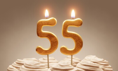 55th birthday or anniversary celebration. Lit golden number candles on cake with icing in neutral tones. 3D rendering