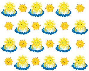 Fototapeta premium Childish background illustration with cheerful sunshine objects wrapping motif. Illustration of wallpaper with sunshine on cloud and sunflowers, isolated.