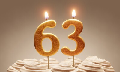63rd birthday or anniversary celebration. Lit golden number candles on cake with icing in neutral tones. 3D rendering