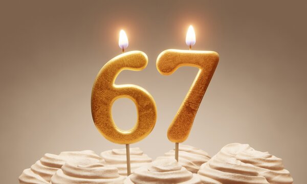 67th birthday or anniversary celebration. Lit golden number candles on cake with icing in neutral tones. 3D rendering