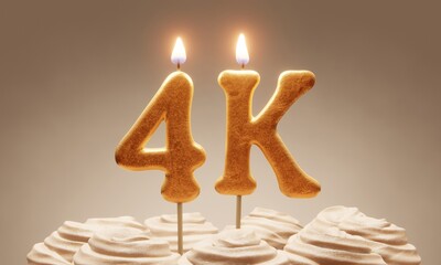 Milestone cake celebrating 4000 followers or subscribers. Golden ‘4k’ number candles on cake with icing in neutral tones. 3D rendering - obrazy, fototapety, plakaty