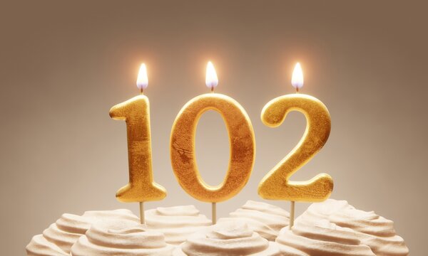 102nd birthday or anniversary celebration. Lit golden number candles on cake with icing in neutral tones. 3D rendering