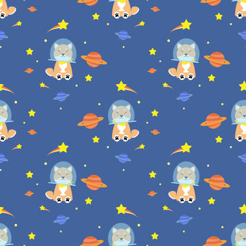 cute shiba dog in the space with Saturn and star around fabric seamless cute pattern © Piscine26
