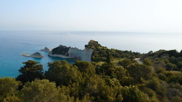 Drone Over Coastline Cliffs And Sea At Sunrise Of Cape Drastis