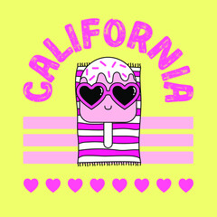 VECTOR OF A POPSICLE ON A TOWEL AND SUNGLASSES WITH THE TEXT CALIFORNIA, SLOGAN PRINT
