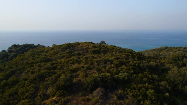 Drone Over Landscape To Coastline Cliffs And Sea Of Cape Drastis