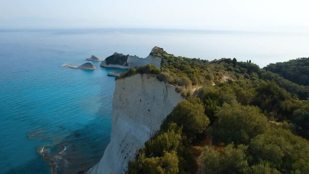 Drone Over Coastline Cliffs And Sea At Sunrise Of Cape Drastis