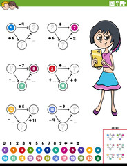 math calculation educational worksheet page with comic boy