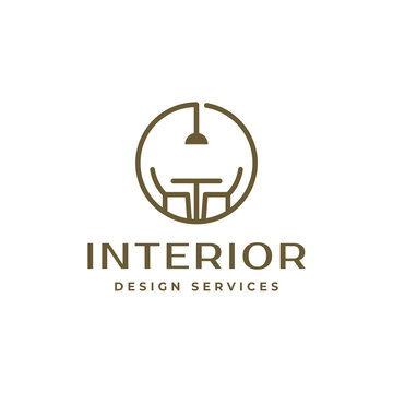 Minimalist interior design service logo vector with chair table lamp and sitting room icon