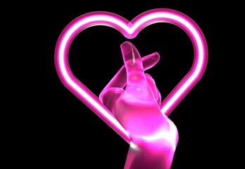 3D illustration of a hand showing Korean Finger Heart or Saranghae gesture with crisscrossing fingers, the neon sign in on the background. - obrazy, fototapety, plakaty