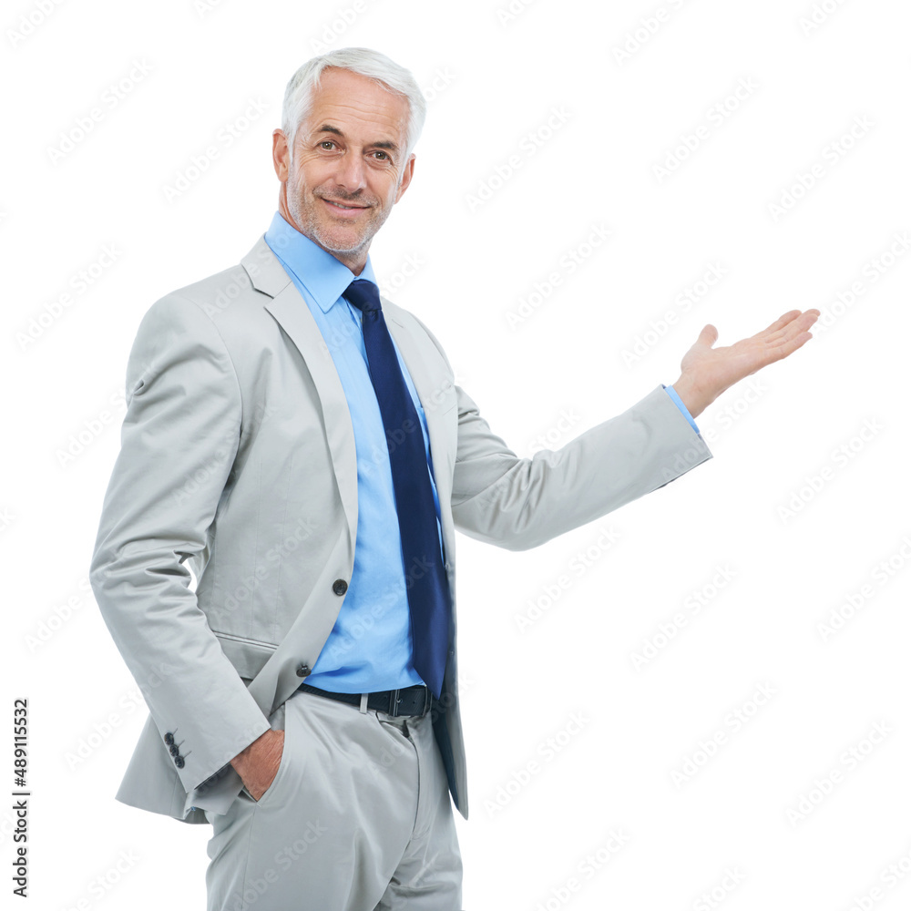 Wall mural The next big thing in business. Studio portrait of a handsome businessman gesturing to copyspace isolated on white.