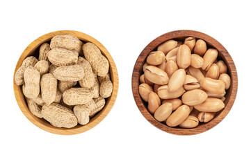 Peanuts in a bowl isolated . Top view
