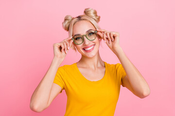 Photo of sweet millennial blond lady wear eyewear t-shirt isolated on pink color background