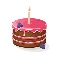 Pyszny czekoladowy tort z różowym lukrem i jagodami. Ciasto urodzinowe ze świeczką do zdmuchnięcia. Wektorowa ilustracja na kartkę urodzinową. Słodkie jedzenie, kolorowy pyszny deser na przyjęcie.	