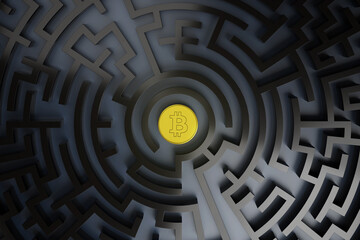 Bitcoin coin in the center of a maze. 3d illustration.