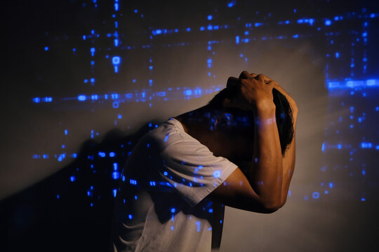 Light painting portrait, light drawing on projector beam exposure. Interesting and fantastic shooting in the studio