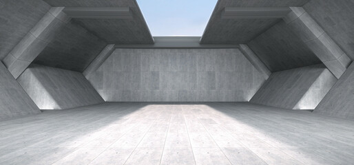 Fototapeta premium Advanced background High end scenario concrete wall 3D rendering booth Exhibition hall technology