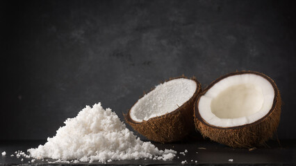 pile of scraped or desiccated coconut with two halves of coconut shell, healthy tropical fruits on a black surface, dark textured background with copy space