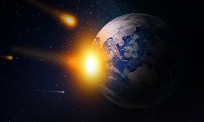 Big Asteroid Hitting The Earth Planet with Fire Flames. Spectacular Cosmos Event and Astronomy Catastrophe  Probability 