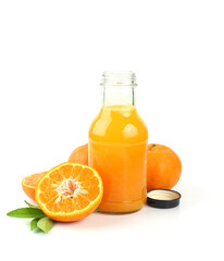 Bottle of fresh orange juice and sweet orange fruit on white background