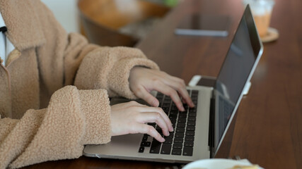 Fototapeta premium Female in brown sweater working on laptop computer, typing on keyboard