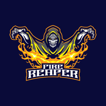 Reaper mascot logo design vector with concept style for badge, emblem and t shirt printing. Angry reaper illustration with fire in hand.