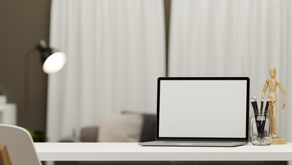 Modern home workspace interior with notebook laptop mockup