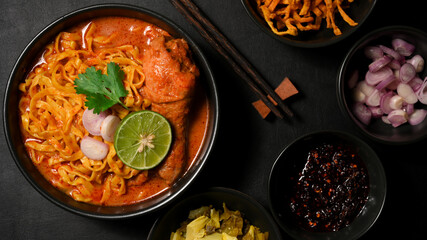 Khao Soi Kai, Unique northern Thai food cuisine served with side dish
