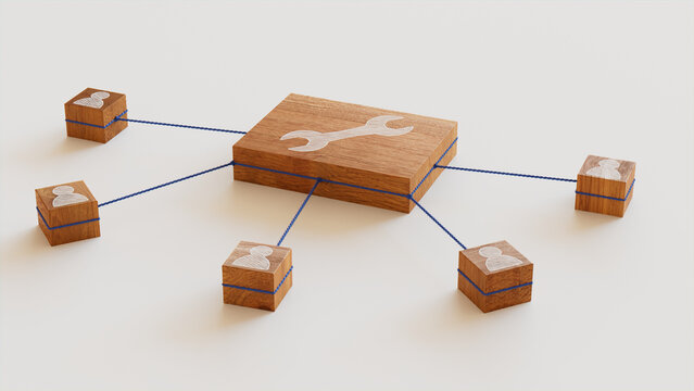 Configure Technology Concept with tool Symbol on a Wooden Block. User Network Connections are Represented with Blue string. White background. 3D Render.