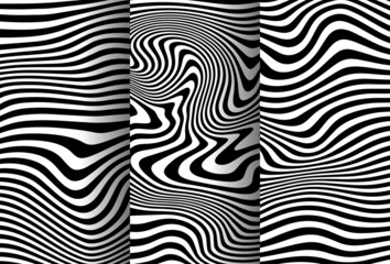 a set abstract rippled or black lines pattern with wavy vibrant facture on white background and texture. Liquify lines 3D effect.
