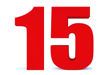 3d Red number 15 isolated on white background
