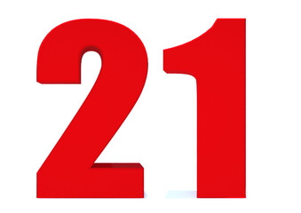 3d Red number 21 isolated on white background