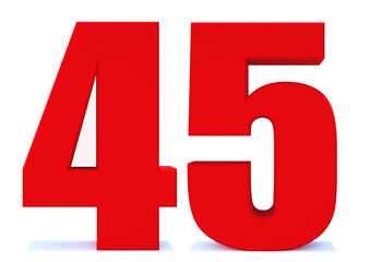 3d Red number 45 isolated on white background