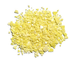 Closeup chemical ingredient on laboratory table (Top View). Sodium sulfide flakes, a yellow...