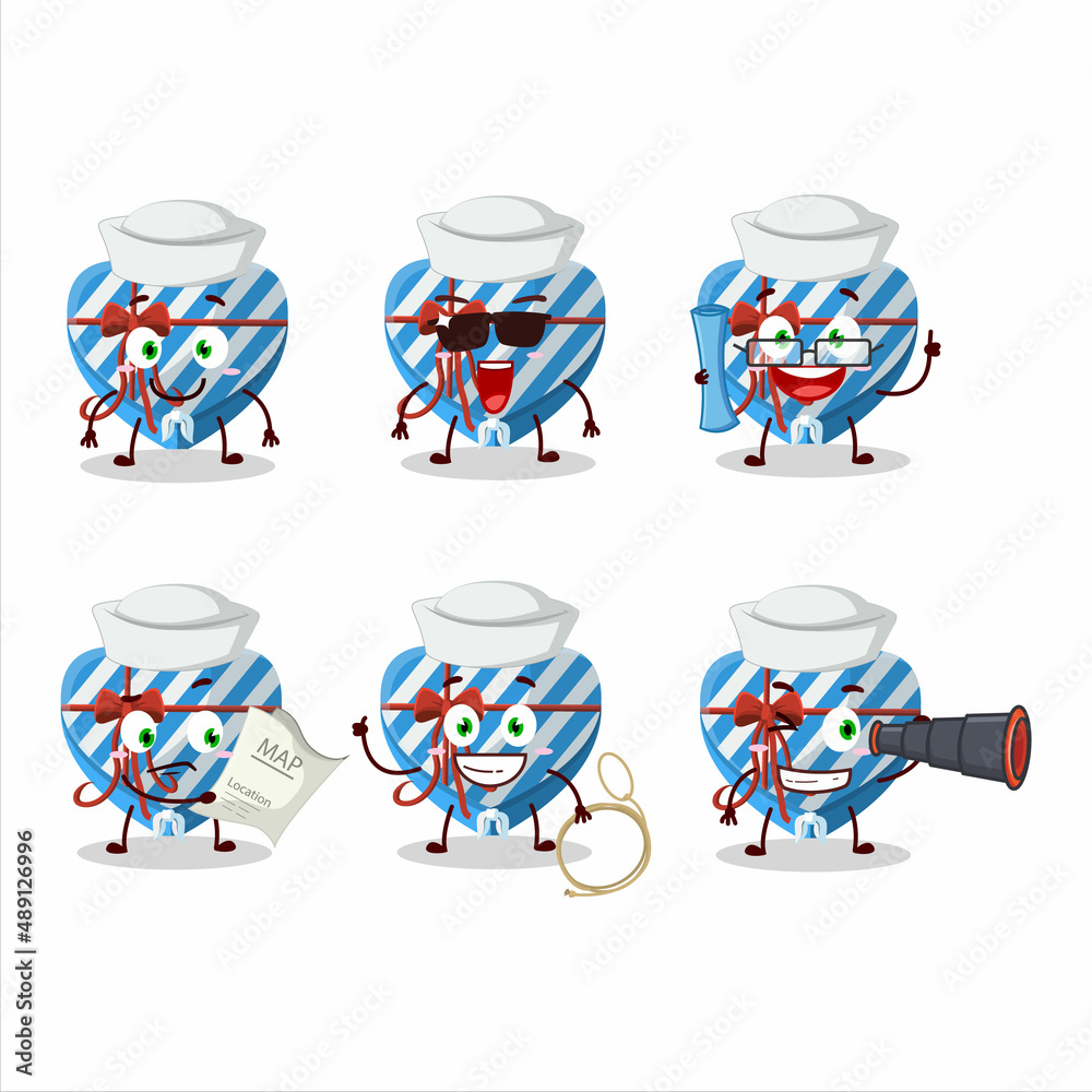 Sticker a character image design of blue love gift box as a ship captain with binocular