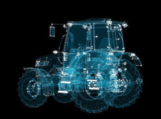 Farm Tractor consisting of glow points and lines. 3d illustration