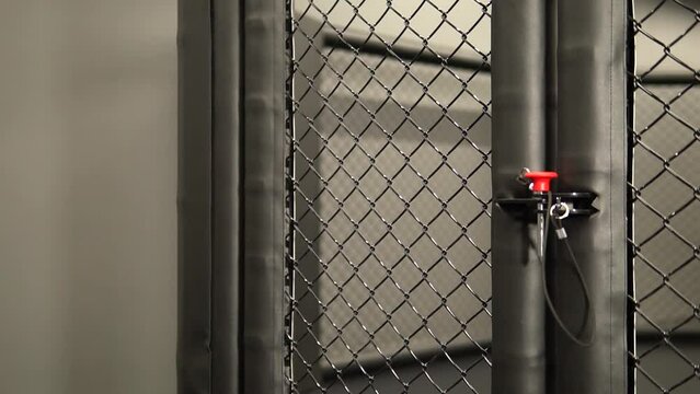 Mma cage concept of a sporty lifestyle, healthy mma arena cage fight ring, for arts stage for nobody and smoke chainlink, gloves karate. Hand strangulation aggressive, background kickboxing
