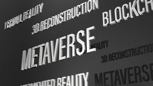 3D chrome text word cloud flying motion of Meta verse concept animation effect on black background.4K 3D animation of Meta verse concept word flying word effect element 
