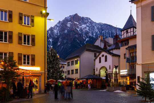 Evening landscape of Christmas city streets in Brig, Switzerland