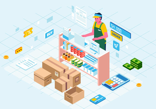 logistic online store isometric illustration, man character as cashier behind counter desk, boxes and transaction icon