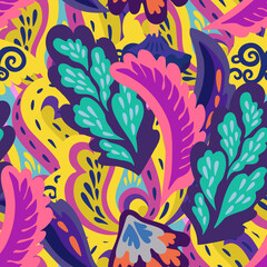 Bright colorful seamless pattern with floral and plants element in psychedelic vibrant funky style.