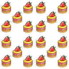 Illustration raster seamless pattern round yellow.red color cake decorated with strawberries on a white isolated background. High quality illustration