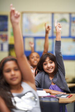 They all know the answer. A group of students raising their hands in class.